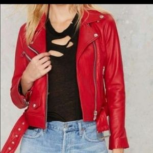Red Vegan Leather Moto Jacket | Nasty Gal Size Small